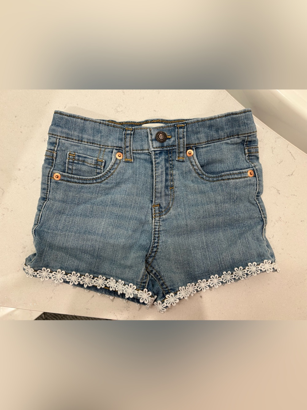 Levi's Light Wash Denim Shorts with White Daisy Lace Trim